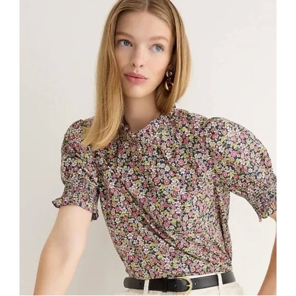 J.Crew Women Meadow Floral Smocked Puff Sleeve Poplin Top Size Large Pink SP EXC - Picture 1 of 12